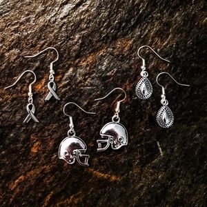 3 Pairs 925 Sterling Silver Earrings October Earrings Football Breast Cancer